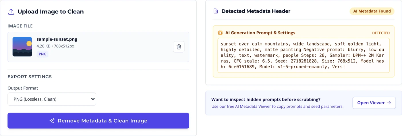 The Sociro AI metadata remover showing the prompt and settings it found in a sample PNG before cleaning it