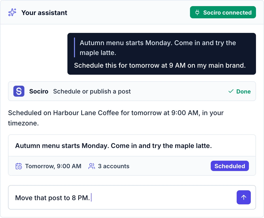 An assistant chat with Sociro connected. Request: Schedule this for tomorrow at 9 AM on my main brand.