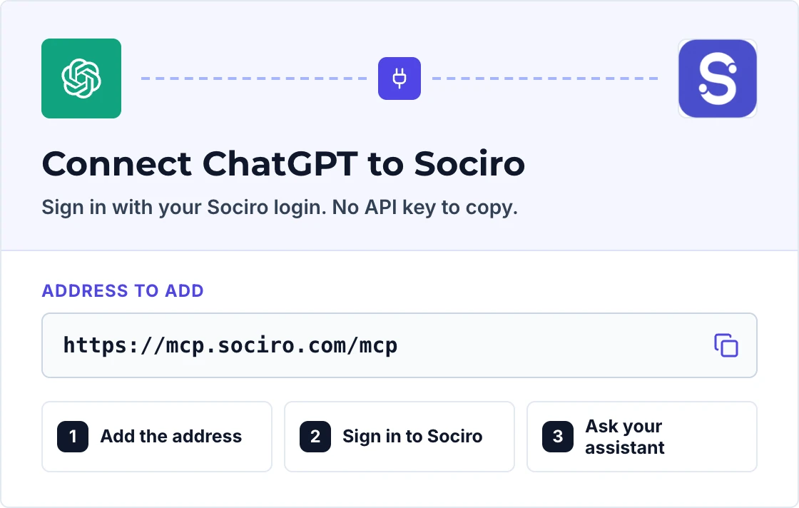 Connect ChatGPT to Sociro: the address to add, https://mcp.sociro.com/mcp