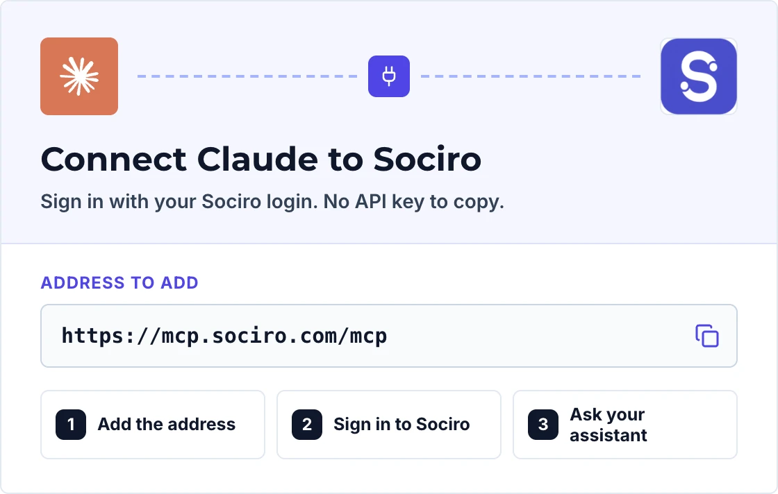 Connect Claude to Sociro: the address to add, https://mcp.sociro.com/mcp