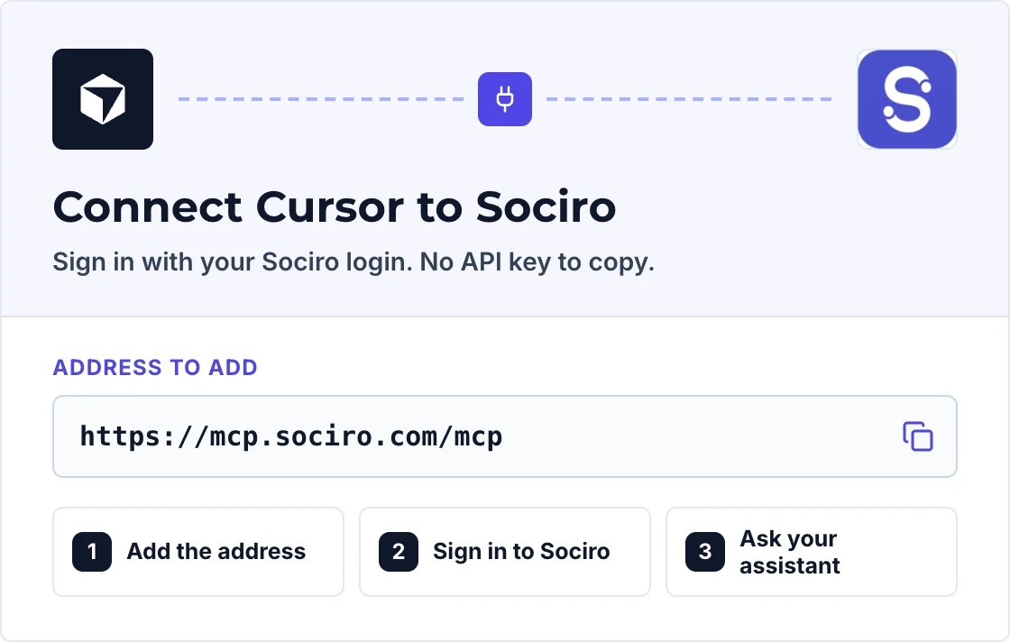 Connect Cursor to Sociro: the address to add, https://mcp.sociro.com/mcp