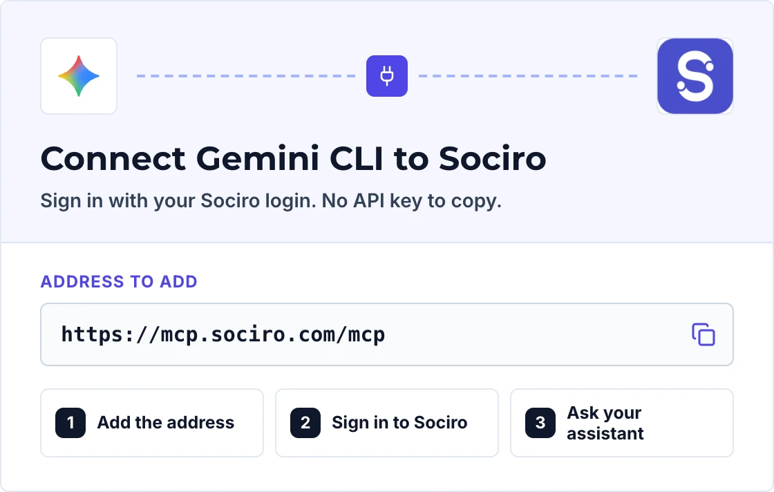 Connect Gemini CLI to Sociro: the address to add, https://mcp.sociro.com/mcp