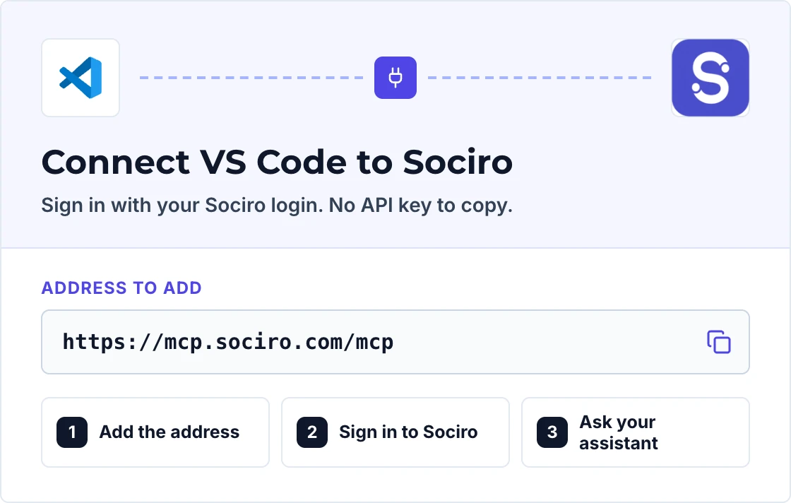 Connect VS Code to Sociro: the address to add, https://mcp.sociro.com/mcp