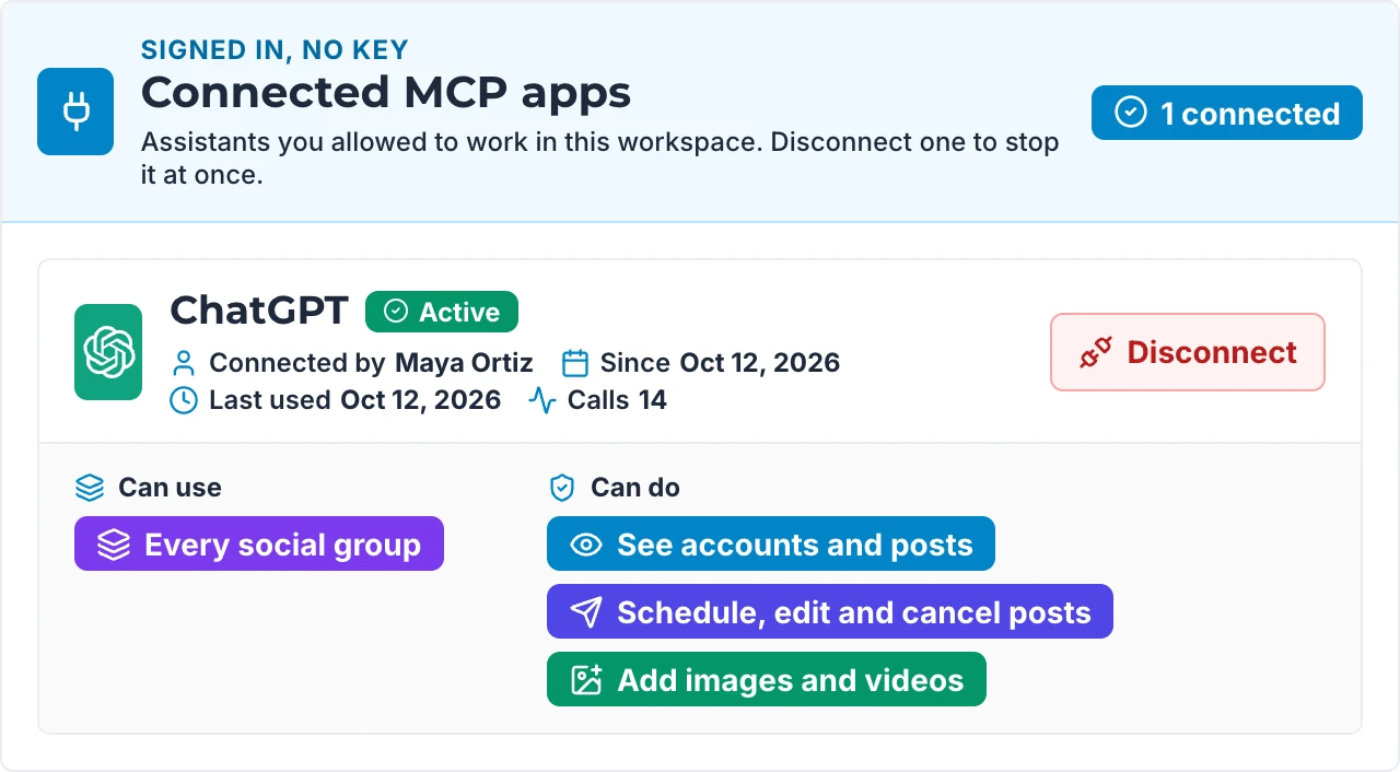 ChatGPT listed under Connected MCP apps in Sociro's settings, with a Disconnect button