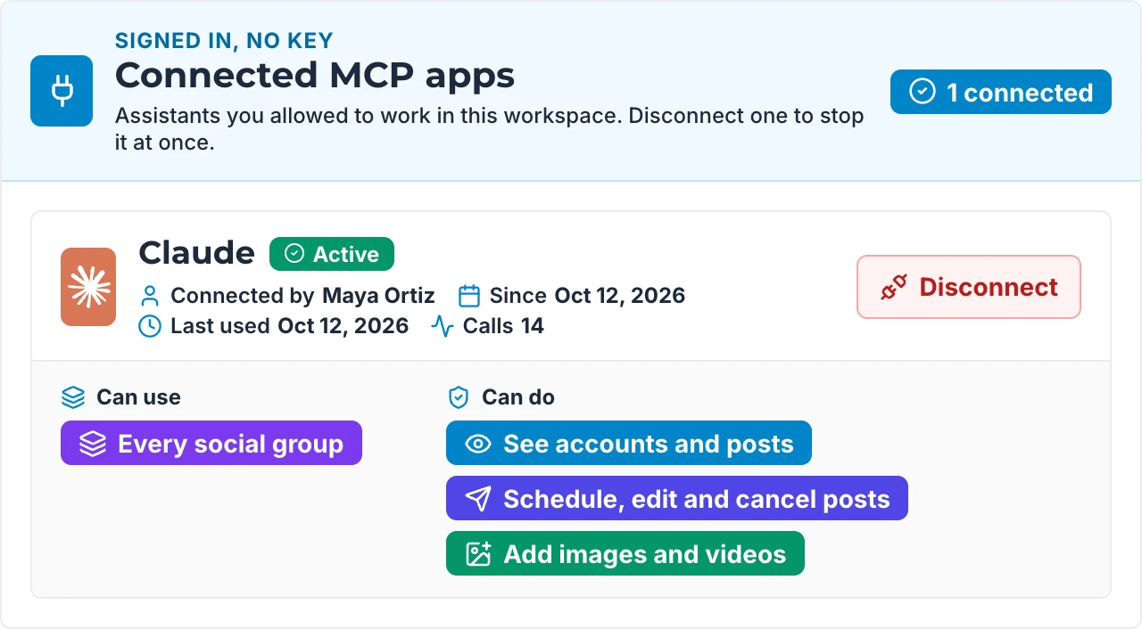 Claude listed under Connected MCP apps in Sociro's settings, with a Disconnect button
