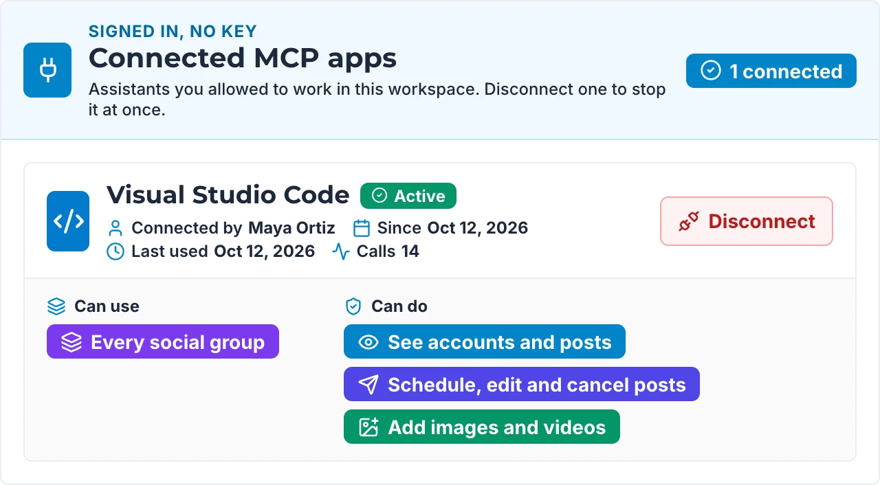 VS Code listed under Connected MCP apps in Sociro's settings, with a Disconnect button