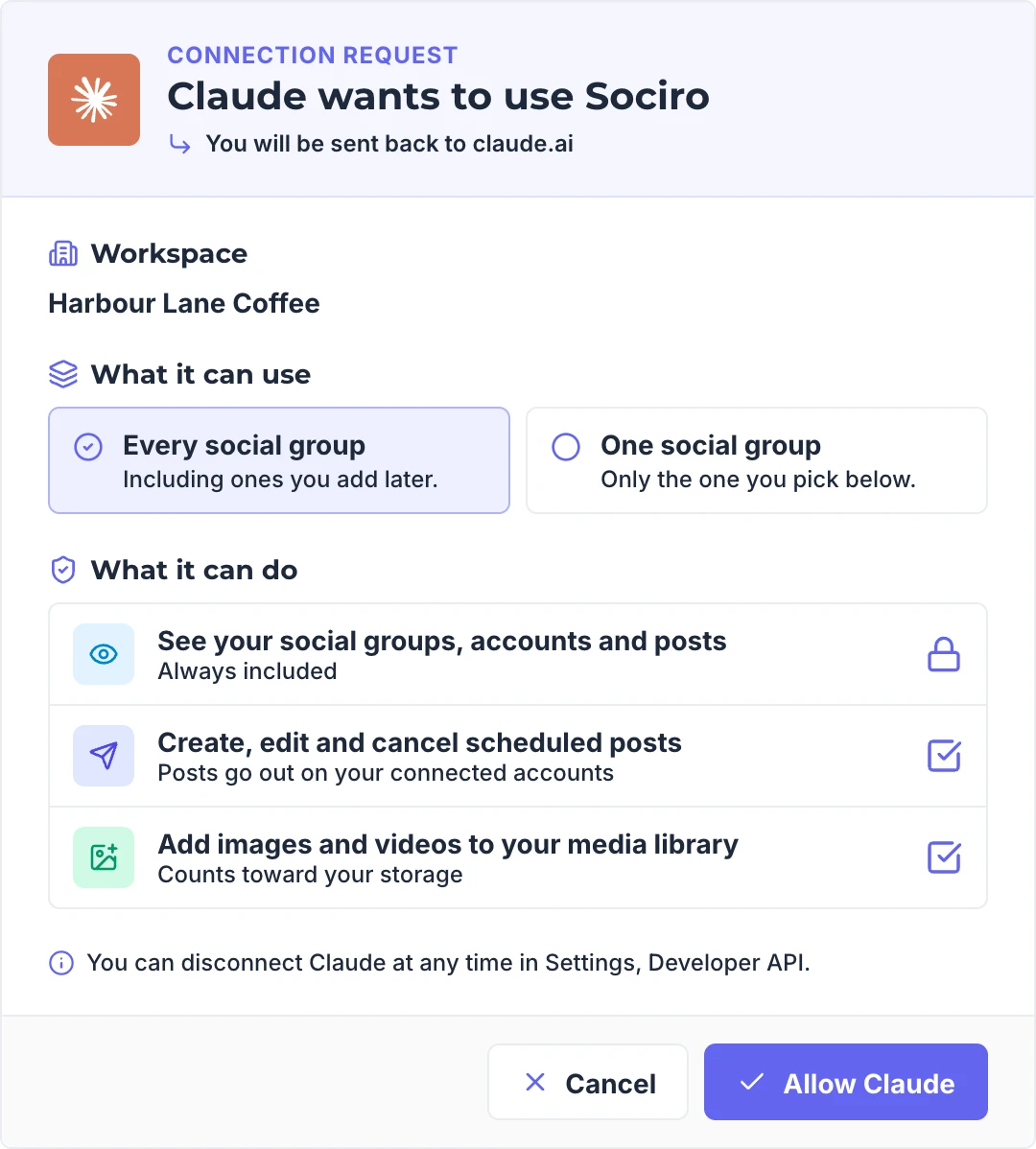 The Sociro sign-in screen. Sign in to Sociro when asked, choose the workspace, every brand or one brand, and what the assistant may do, then allow